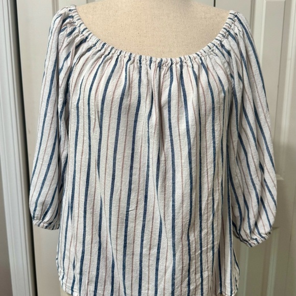 Evereve EUC❤️Sanctuary White/Navy/Tan Stripe. Off/on shoulder Puff Sleeve - Picture 7 of 9